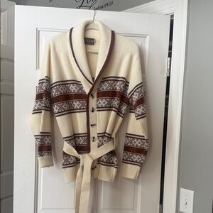 Vintage 60-70s Claude by Brentwood Men's Cream and Brown Patterned Cardigan